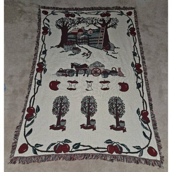 VTG Apple Tree Farm Orchard Tapestry Blanket Throw Red Green Tan Fringe 45x65